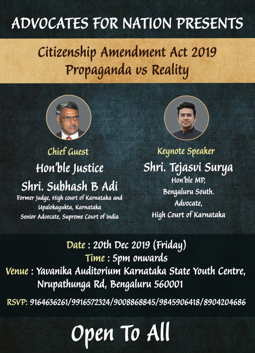 Tejasvi_Surya's tweet image. Dear Bengaluru, too much misinformation around #CAA is being floated everywhere. 

As responsible citizens it is our duty to counter propaganda and ensure truth prevails. 

Please participate tomorrow in big numbers. Spread the word widely &amp;amp; register in large numbers.
