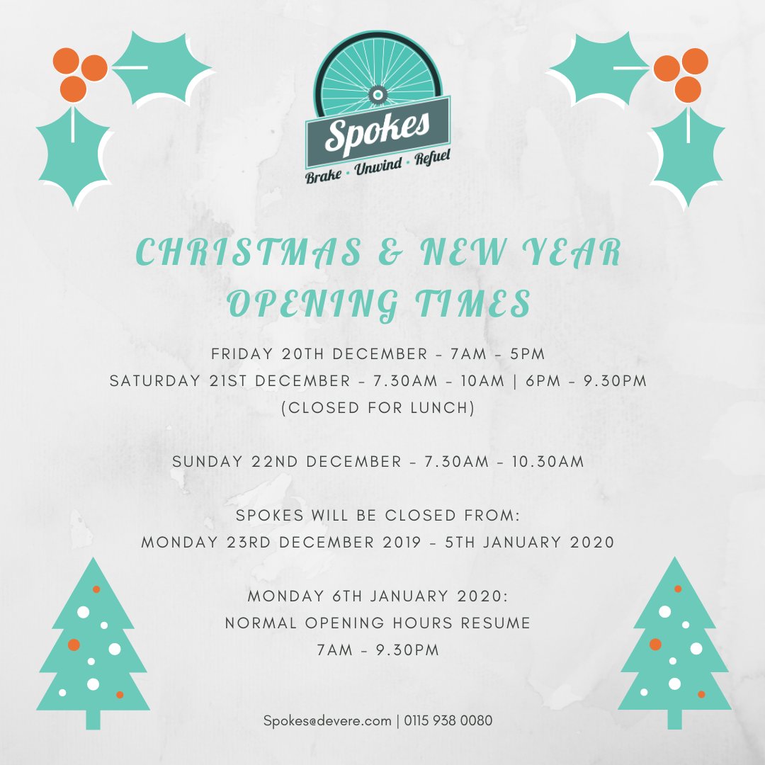 Christmas and New Year's opening times for you lovely folks!
#LoveNotts #Christmas #SpokesNotts #LoveNotts