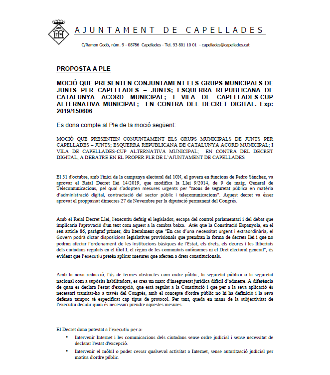 JuntsCapellades's tweet photo. 📌 PLE ORDINARI 18/12/19
⏩ A iniciativa de @JUNTSCapellades, presentem conjuntament amb @ERC_Capellades i @VdCCUP una moció en contra del Decret Digital aprovat pel govern espanyol en funcions.
La moció ha estat aprovada i la podeu trobar a les imatges.
#155digital https://t.co/yKViLtNVP7
