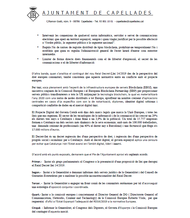 JuntsCapellades's tweet photo. 📌 PLE ORDINARI 18/12/19
⏩ A iniciativa de @JUNTSCapellades, presentem conjuntament amb @ERC_Capellades i @VdCCUP una moció en contra del Decret Digital aprovat pel govern espanyol en funcions.
La moció ha estat aprovada i la podeu trobar a les imatges.
#155digital https://t.co/yKViLtNVP7
