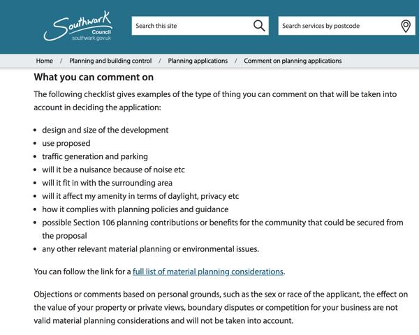Hi <a href="/cllrmseaton/">Martin Seaton</a> - the community has made objections and representations via the Council’s online planning register as advised in the letter from <a href="/lb_southwark/">Southwark Council</a>. 

Most have followed the guidance on your website and and made representation on the following planning considerations: