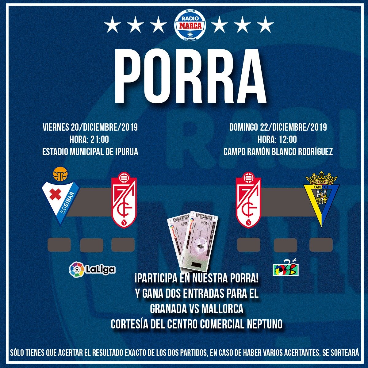 rmarcagranada's tweet photo. ¡Participa en #LaPorraDelNeptuno del #EibarGranada y gana 2⃣ entradas en Tribuna para el #GranadaMallorca! 
🥳 Es la última del 2019
1⃣Haz RT
2⃣Acierta el resultado en Ipurua. 
3⃣Y el pronóstico en el derbi de filiales. 
(Si hubiera varios acertantes se sortearía) 🤞 https://t.co/8bpCaU2lMl