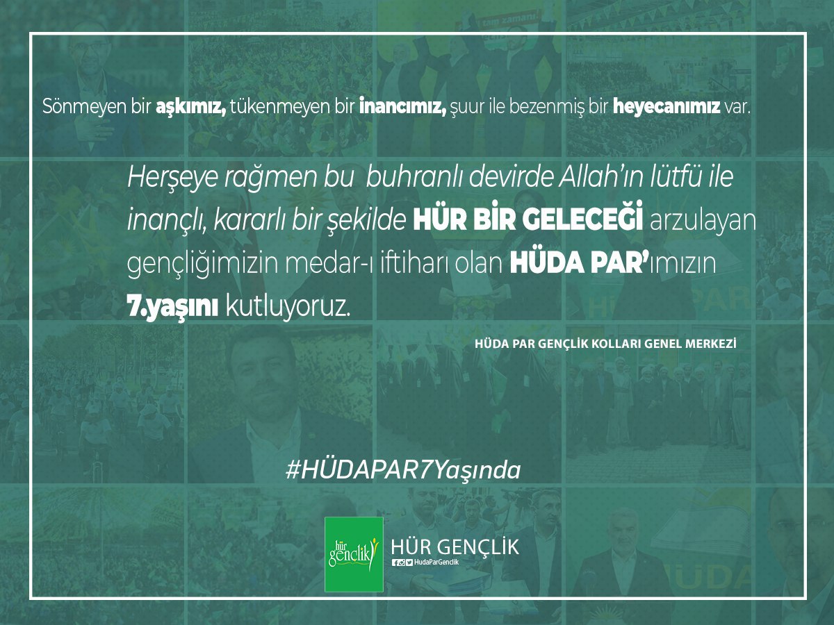 7.Yaşımız Kutlu Olsun!
Sönmeyen aşkımız, tükenmeyen inancımız,şuur ile bezenmiş heyecanımız var...

#HÜDAPAR7Yaşında