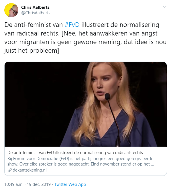saenkantert's tweet image. De eenzijdige intolerante reacties van #ChrisAalberts, richting afwijkende politieke meningen, illustreert de radicalisering van de MSM. 
[Nee, het aanwakkeren van angst voor nieuwe democratische partijen is geen gewone mening maar pure demagogie, dat is nou juist het probleem]