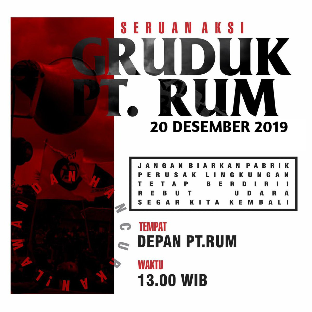 SKHMelawanRacun's tweet photo. SERUAN AKSI &amp; SOLIDARITAS: GRUDUK PT. RUM

Kosongkan Kelas!
Tinggalkan Ladang!
Tinggalkan Sawah!
Tinggalkan kantor!
Kosongkan Rumah!
Lepaskan Kesibukan!

Catatan: bawa kentongan masing-masing

Narahubung: +62878-8388-1099 (Hirman)

#sukoharjomelawanracun https://t.co/GxZWPenxey