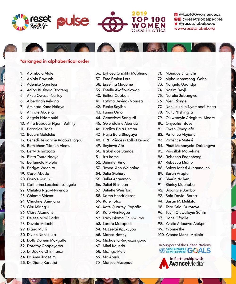 Its being great having my team at <a href="/avancemedia/">Avance Media Africa</a> work with <a href="/resetglobalpeop/">Reset Global People</a> and <a href="/PulseGhana/">Pulse Ghana</a> to put together an amazing list that celebrates female CEOs across the African continent.

#Congratulations #Top100WomenCEOs #ResetGlobalPeople #AvanceMedia
