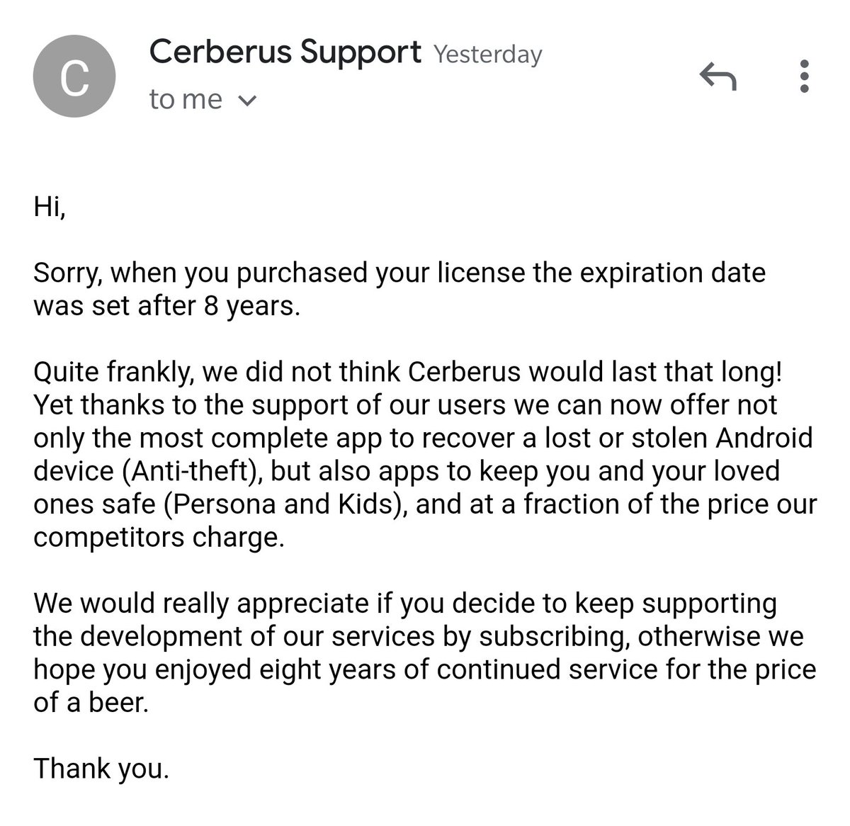 ThomasFrison's tweet photo. @cerberusapp, I purchased my "lifetime" license in July 2012, and it's not 2020 yet. Guys, at least do the math...
#ShameCerberusApp https://t.co/IGPpnSEt8Q