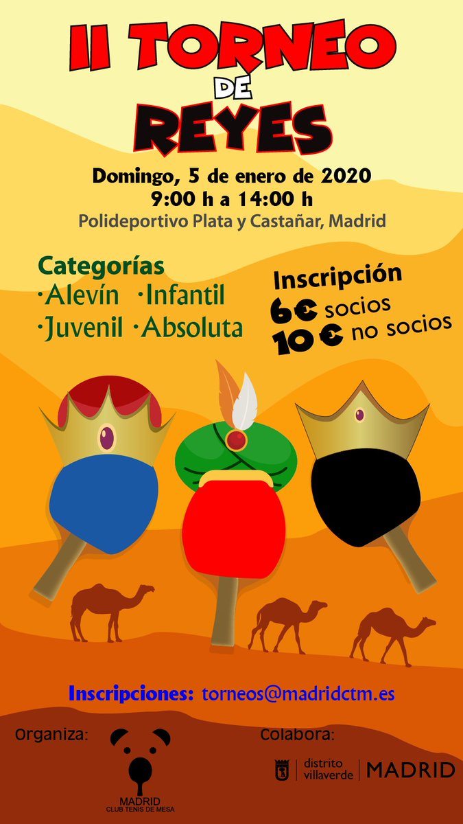 YRaqueta's tweet photo. II Torneo de Reyes. Madrid. Club Madrid  TM

📆 Domingo 5 de enero
➡️ Polideportivo Plata y Castañar
✔️ Categ. ale, inf, juv y abs.
📝 Inscrip. (6€ socios y 10€ no socios) en torneos@madridctm.es

#Tenisdemesa
@JMD_villaverde https://t.co/A39mbMX2U0