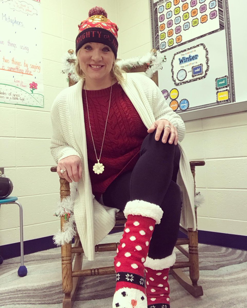 heatherfalkner's tweet photo. Christmas Socks and Hat day. I’m hoping my “nice” emoji will stay like this all day and not have to be switched to “naughty”. 🤪#2daysleft #christmasbreak #keeptheholidayspiritflowing #dressupdays https://t.co/RT12ifW0xk