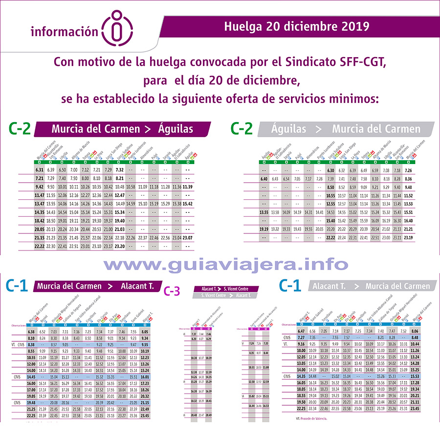 TRENES DE CERCANÍAS QUE CIRCULAN DURANTE LA HUELGA DEL 20 DE DICIEMBRE DE 2019. Núcleos de cercanías C1, C2 y C3 de Alicante, Elche, Orihuela, Murcia, Totana, Lorca, Águilas y otras paradas intermedias.http://guiaviajera.info/huelga-renfe-20-de-diciembre-2019-trenes-cercan%C3%ADas-que-circulan … @IreneJodar @AytoLorca @AYUNTAGUILAS @Cjuventudlorca