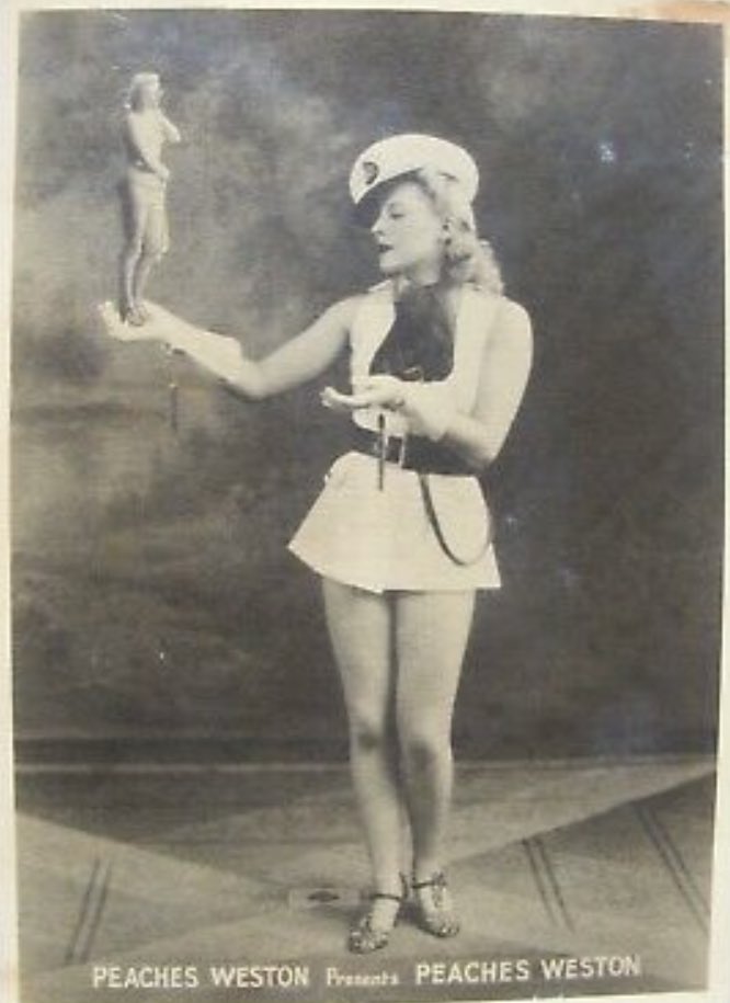 WhoresofYore's tweet photo. Promotional card for burlesque performer Peaches Weston. https://t.co/Pyg3BNC313
