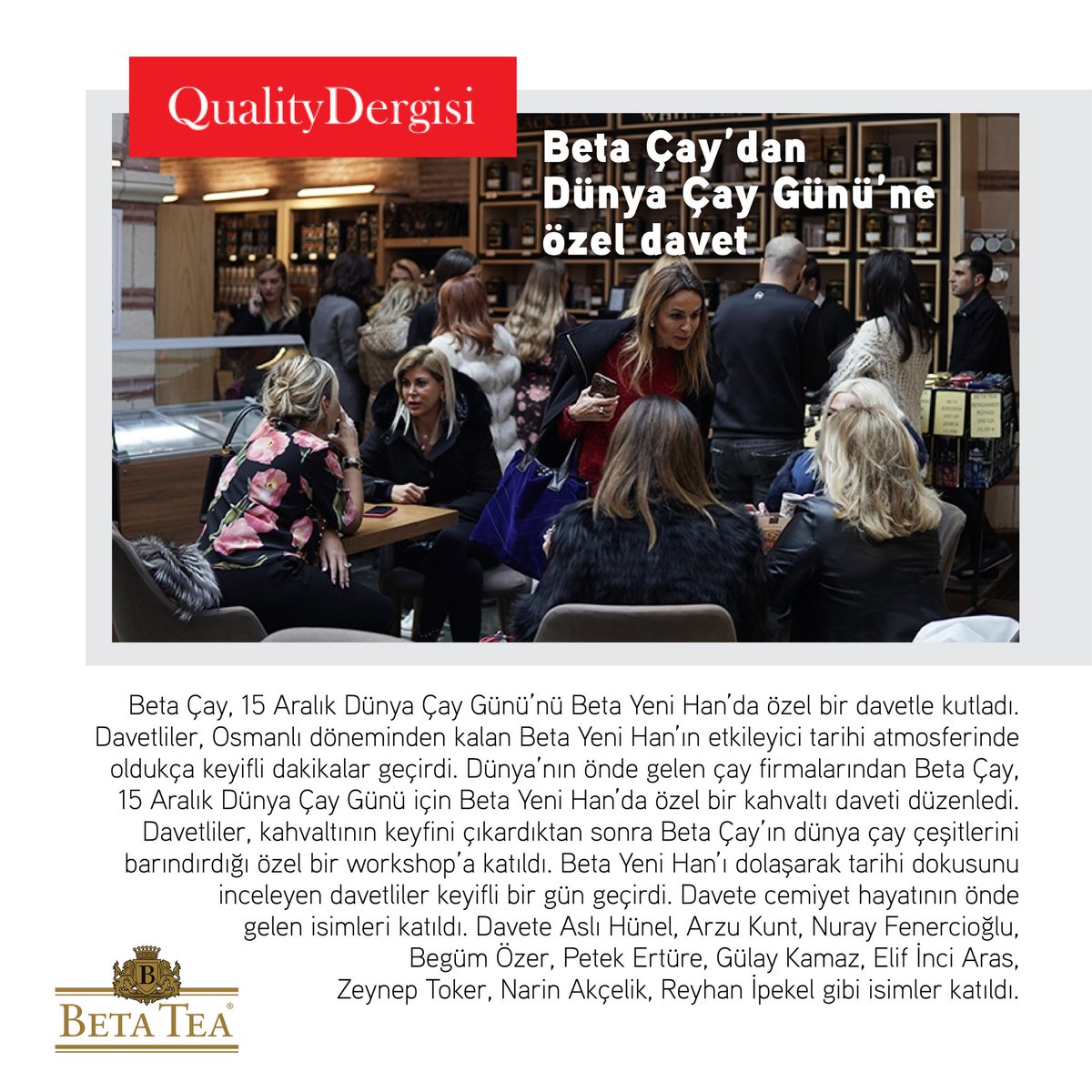 beta_tea's tweet photo. 15 Aralık Dünya Çay Günü’nü çok özel davetlilerimizle birlikte Beta Yeni Han'da kutladık. Bizlerle birlikte olan tüm misafirlerimize çok teşekkür ederiz. @betayenihan #betatea #betayenihan #15aralıkçaygünü https://t.co/LeplsGoAco