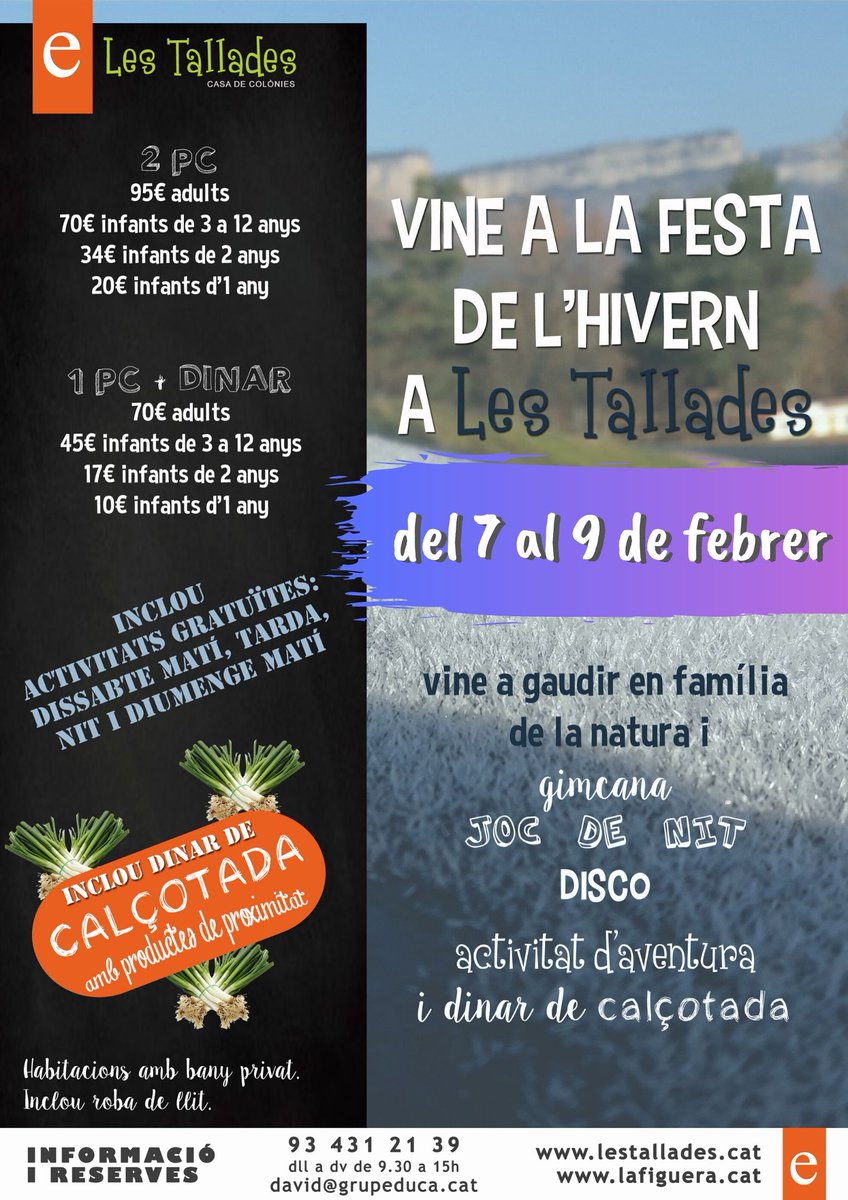 Del 7 al 9 de febrer celebrem la festa de l'hivern i l'inici de temporada de calçotades. Hi haurà activitats gratuïtes. No us ho perdeu!