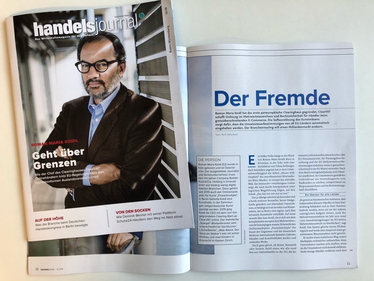 eClearAG's tweet photo. Leseempfehlung: Die Titelstory des aktuellen @handelsjournal berichtet über ClearVAT AG Gründer Roman Maria Koidl. #VAT #eCommerce #VATclearing #crossbordersales https://t.co/g9Tm3MKGR1