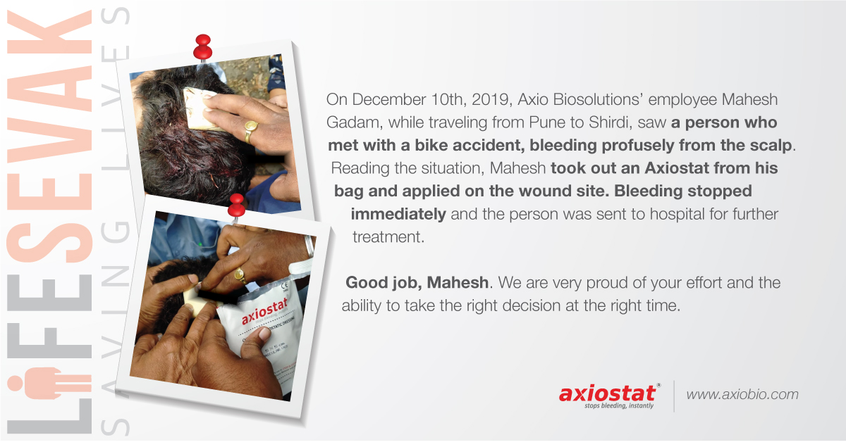axiobio's tweet photo. Thanks to Mahesh's presence of mind and helping attitude, he came forward to help an accident victim and applied #Axiostat at the site of #bleeding.

Good job, Mahesh! We are proud of your efforts!

#LeadWhenSomeoneBleeds #SaveLives #Axio #LifeSevak #StopsBleedingInstantly https://t.co/OjuzxjRo9E