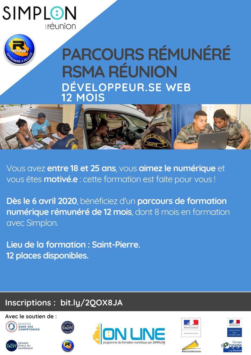 ⚠️ Lancement du 2ème parcours de formation rémunéré <développeur.se web> <a href="/RSMA_Reunion/">RSMA-R</a>  : vous habitez <a href="/Region_Reunion/">Région Réunion</a> ,avez entre 18 et 25 ans et souhaitez vous former aux métiers du numérique ? Inscriptions dès maintenant par ici 👉 bit.ly/2QOX8JA