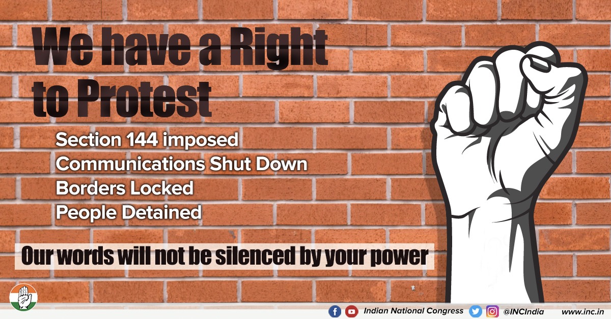 INCIndia's tweet photo. No power on earth can stop the will of the people. BJP's undemocratic assault on our Right to Protest is symptomatic of their tyrannical governing style.

#IndiaAgainstCAA https://t.co/ycwdEVK05r