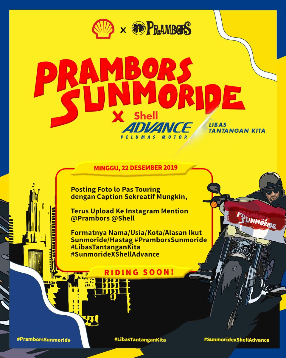 Prambors's tweet photo. Shell Advance Presents : Prambors Sunmoride!
•
Riding soon!
Sunday, 22nd December 2019
•
Acara ini GRATIS! Langsung daftar, siapa tau motor lo yg bisa dpt kesempatan diganti olinya sama Shell!
•
More info cek e-flyer dibawah ini ya! #SunmorideXShellAdvance #PramborsSunmoride https://t.co/sW9fdVIRC1
