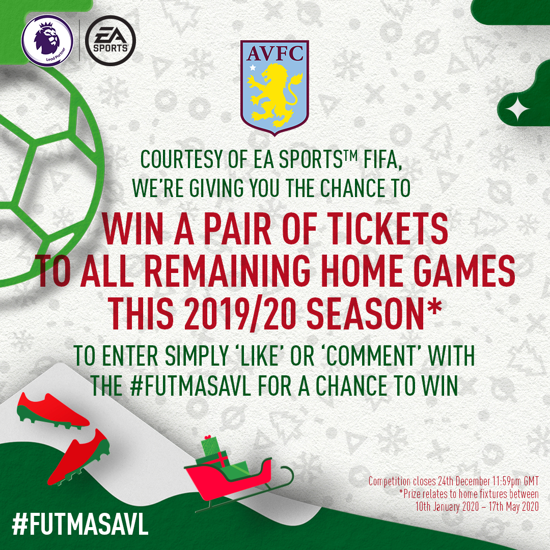 AVFCOfficial's tweet photo. Courtesy of @EASPORTSFIFA, you could join us at Villa Park for all of our #PL home games in 2020! 🎁

To enter, either...
• Like ❤️
• Comment with #FUTMASAVL 🎄

T&amp;Cs 👉 https://t.co/P20VtELcQn https://t.co/WsrmXr0nOk