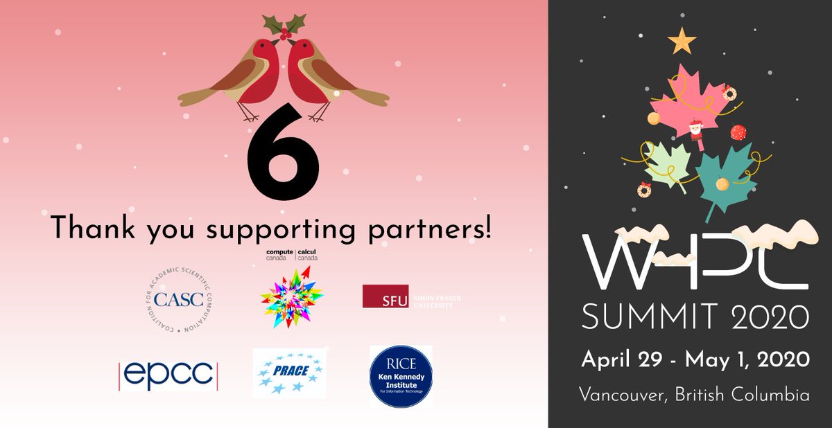women_in_hpc's tweet photo. On the sixth day of Christmas, we’re celebrating WHPC… with 6 supportive partners! Thank you @CASC_HPC @ComputeCanada @EPCCed @SFU @PRACE_RI @RiceK2I for your endorsement of the first annual #WHPCSummit: https://t.co/GzWTaZjTHa #WHPCadvent https://t.co/Q3sVwiF3kX