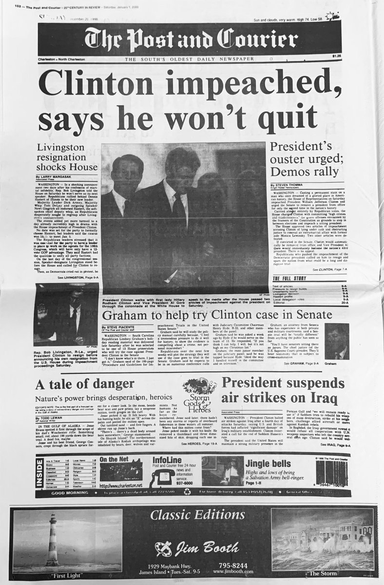 MaryCaitlinByrd's tweet photo. Two @postandcourier front pages, almost exactly 21 years apart, telling the story of impeachment: Dec. 20, 1998 and Dec. 19, 2019 https://t.co/RkOTjCEezx