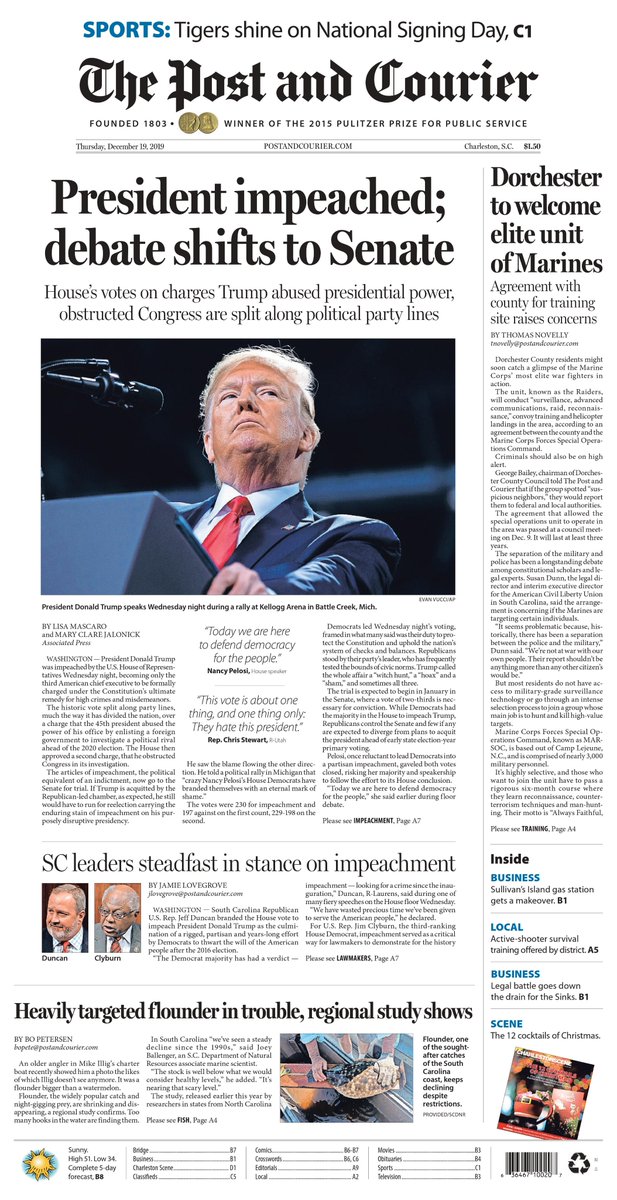 MaryCaitlinByrd's tweet photo. Two @postandcourier front pages, almost exactly 21 years apart, telling the story of impeachment: Dec. 20, 1998 and Dec. 19, 2019 https://t.co/RkOTjCEezx