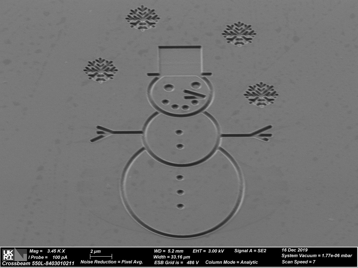 Another (very Christmassy) image from our new FIB-SEM machine at Octopus. The snowman is about 20 microns tall and the snowflakes are 2.5 microns in diameter with a line width of around 150 nanometres  ☃️🔬

For comparison, a red blood cell is around 7-8 microns across!🤯