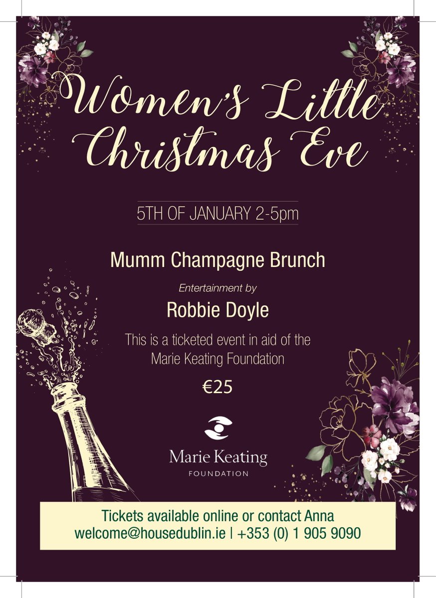 On 5th January, <a href="/HouseDublin2/">House - Dublin</a> is hosting a Women's Little Christmas party, including brunch, bubbles, goodies bags and lots of raffle prizes to help ease you into 2020. For just €25 help support our work &amp; have a great day out. ow.ly/hFwJ50xCXif