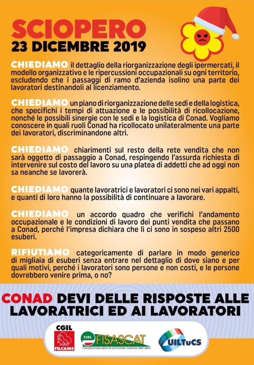 Vertenza #Auchan
Le persone prima delle cose.
Cosa chiediamo a #Conad?
Chiarezza, rispetto, certezze per le lavoratrici e i lavoratori. Leggi qui su cosa non si può transigere e cosa serve ✔️
#IlLavoroOltreLeCose