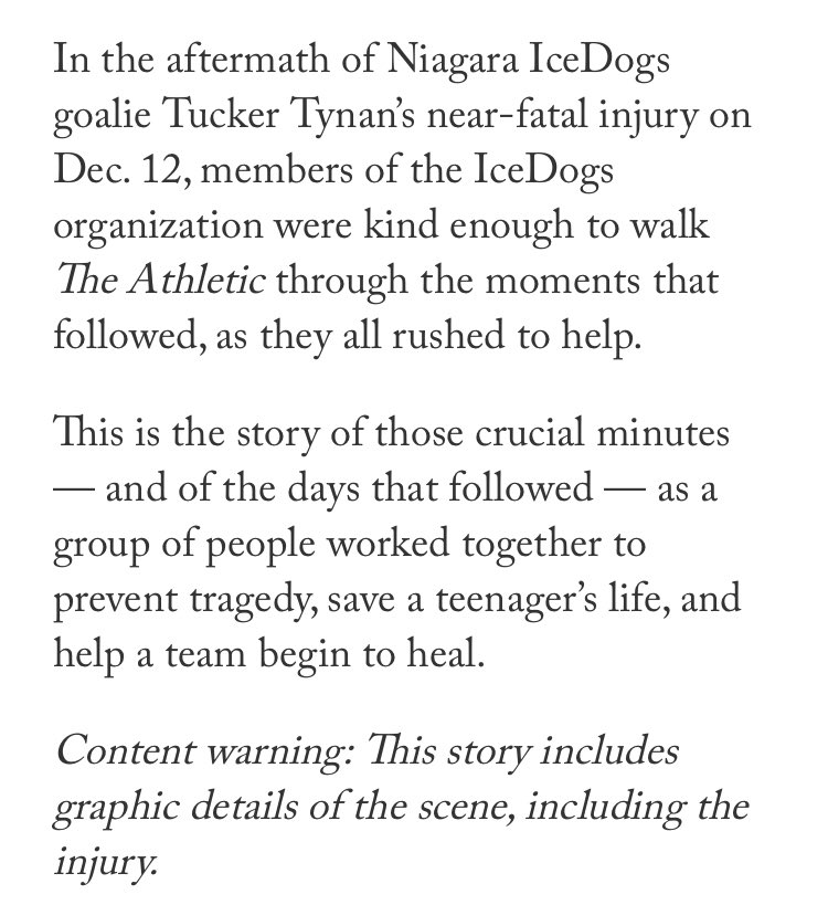 scottcwheeler's tweet photo. Behind the scary moments that saved Niagara IceDogs goalie Tucker Tynanโs life.
My story on those precious minutes, the heroes, and the scene: https://t.co/rT0TjrFcuJ https://t.co/f28L7mLahr