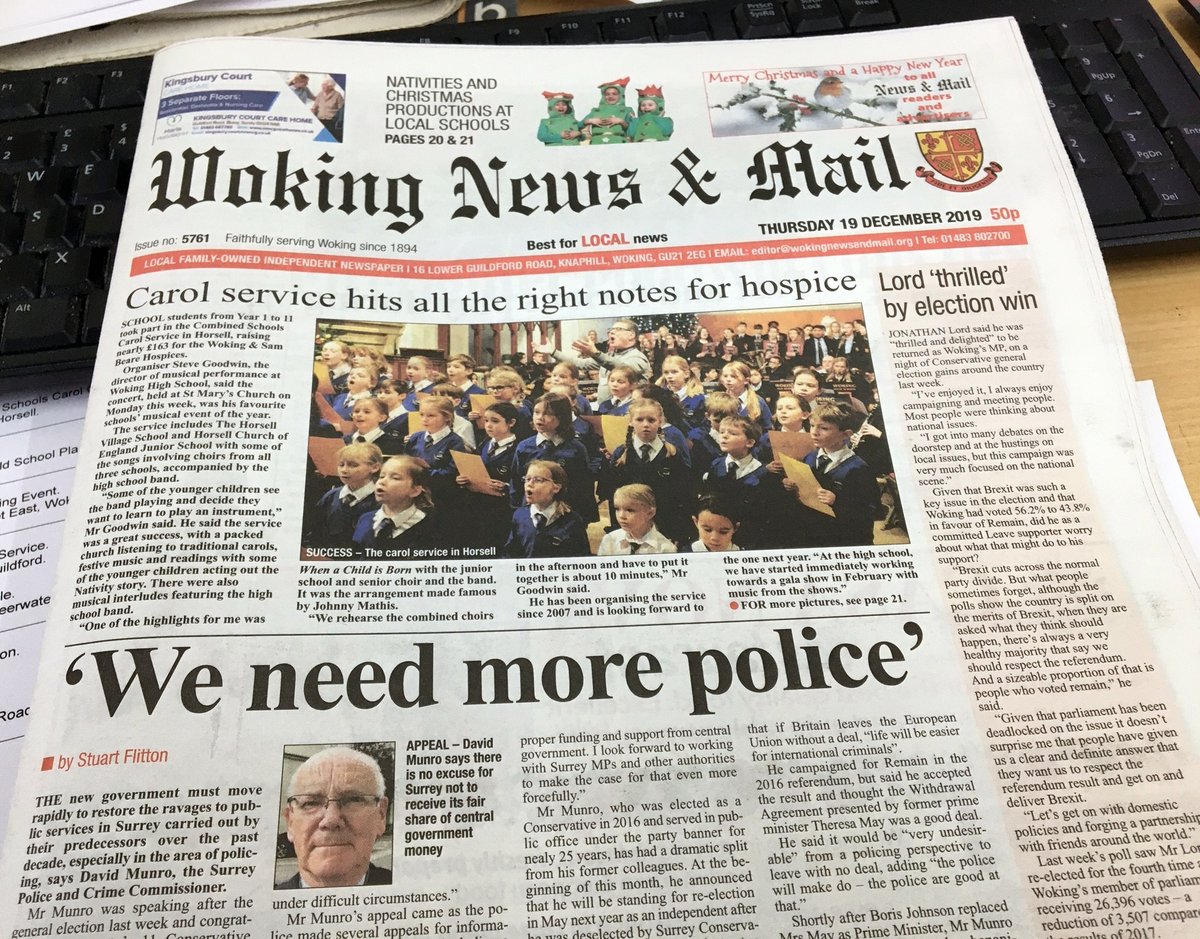 Woking_NewsMail's tweet photo. Picture spread of nativities around local schools; carol service for @WSBHospices ; former #DoctorWho actor Peter Davison has out-of-this-world experience back at #Woking's Winston Churchill School; results of #GE2019 votes; plus the best local sport round-up #Only50p https://t.co/B2s7DvnKf7