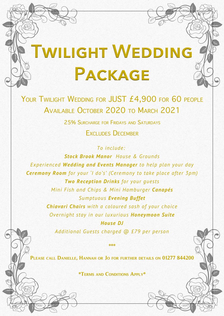 Make sure to make your appointment for our forthcoming wedding open day. Sunday 19th January 2020 11am-5pm. You will be able to view the venue set up as it could be on your special day.  Our wedding planners will offer you advice and ideas for your unique day. Call 01277 844200😍