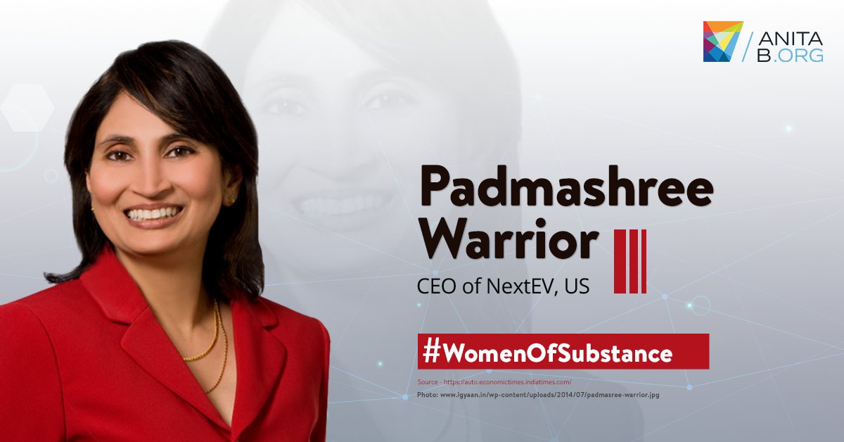 AnitaBorg_India's tweet photo. @Padmasree Warrior, CEO of #NextEV, an electric vehicle company, was called the "Queen of the Electric Car Biz" by @FortuneMagazine. She is the former CTO of @Cisco Systems. As of 2014, she is listed as the 71st most powerful woman in the world by @Forbes.
#WomanOfSubstance https://t.co/NOJKCLHTJo