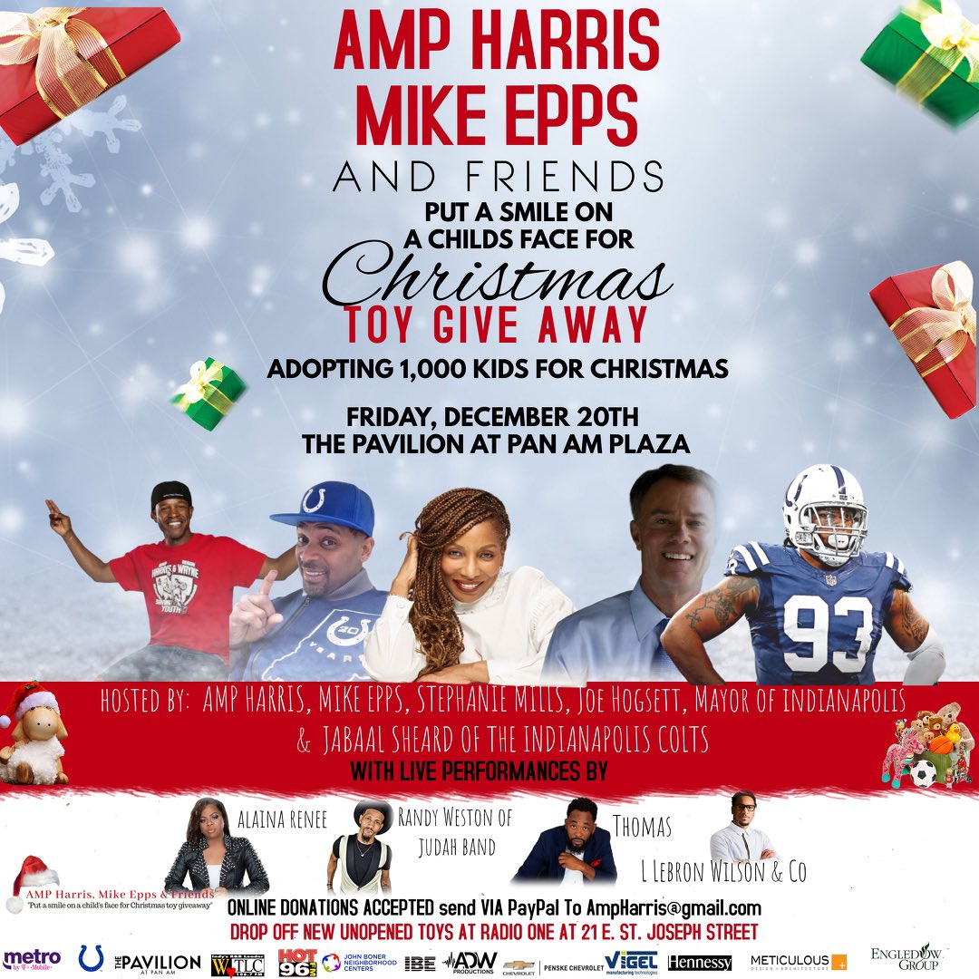 ampharris's tweet photo. #Indianapolis catch me this morning live @fox59 9:30am on the red couch talking about the importance of giving back and why I do the #AmpHarris @eppsie #PutASmileOnAChildsFaceForChristmastToyGuveaway adopting 1000 kids for @Christmas https://t.co/umU61WqUIL