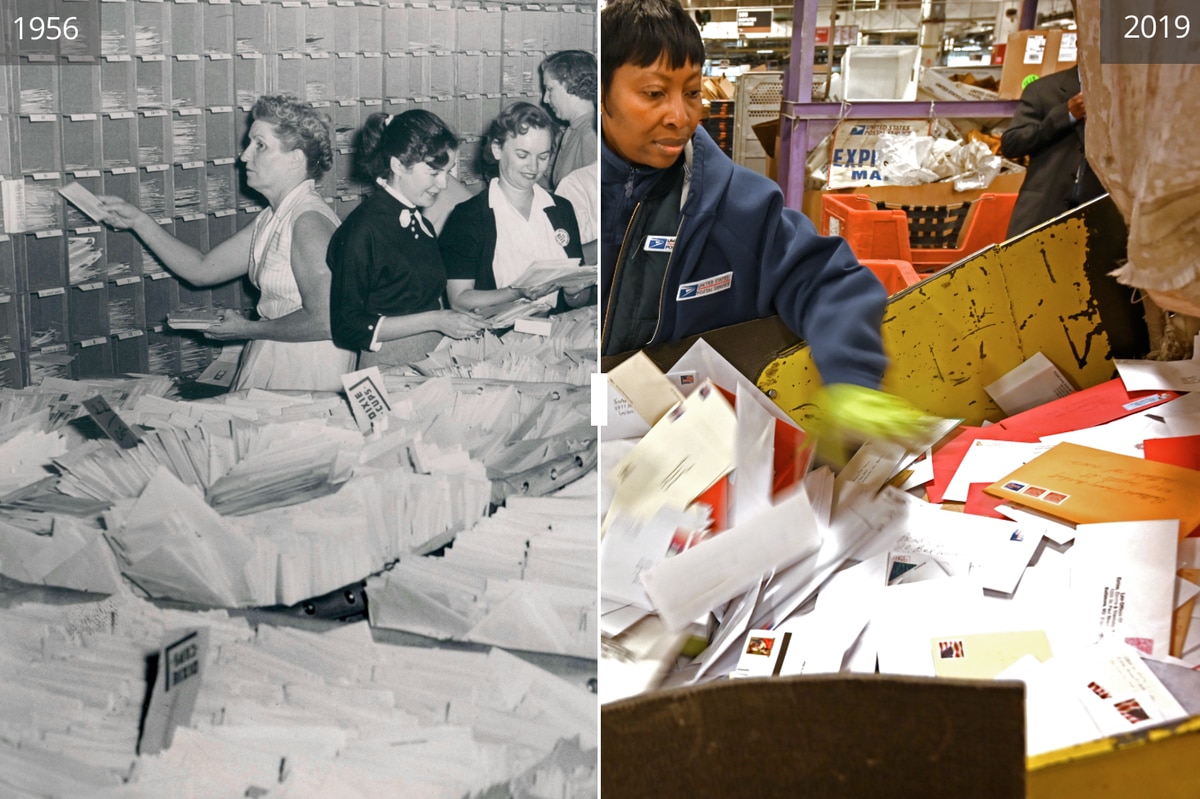 RetroBaltimore's tweet photo. Then-and-now photos: Sorting holiday mail at Baltimore's Main Post Office in 1956 and 2019 https://t.co/8r67ybO8Jo https://t.co/std7oerF2P