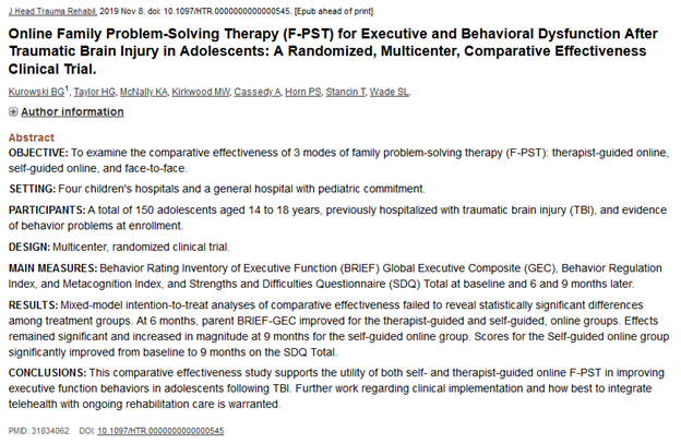 CUPhysMed's tweet image. #NewPub in @JHTRonline by @CUPhysMed and @ChildrensColo faculty Michael Kirkwood, PhD, MA about Online #FPST for Executive and #BehavioraDysfunctionAfterTBI in Adolescents: A Randomized, Multicenter, Comparative Effectiveness Clinical Trial. insights.ovid.com/crossref?an=00…
