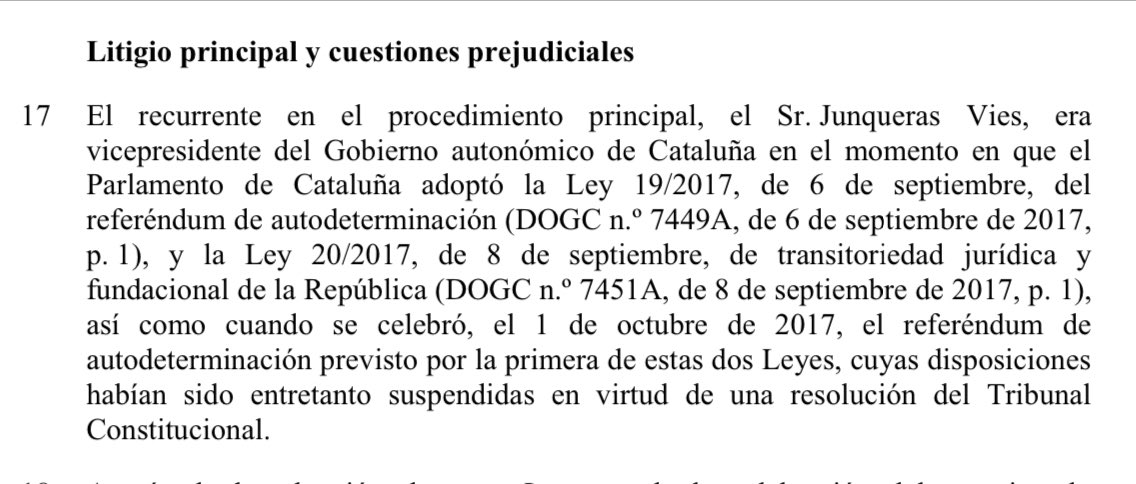 A tot això, el Tribunal de Justícia de la UE ha deixat per escrit en la seua sentència que el dia 1 d’octubre del 2017 va tenir lloc a Catalunya un referèndum d’autodeterminació. 

Queda també per a la història.
