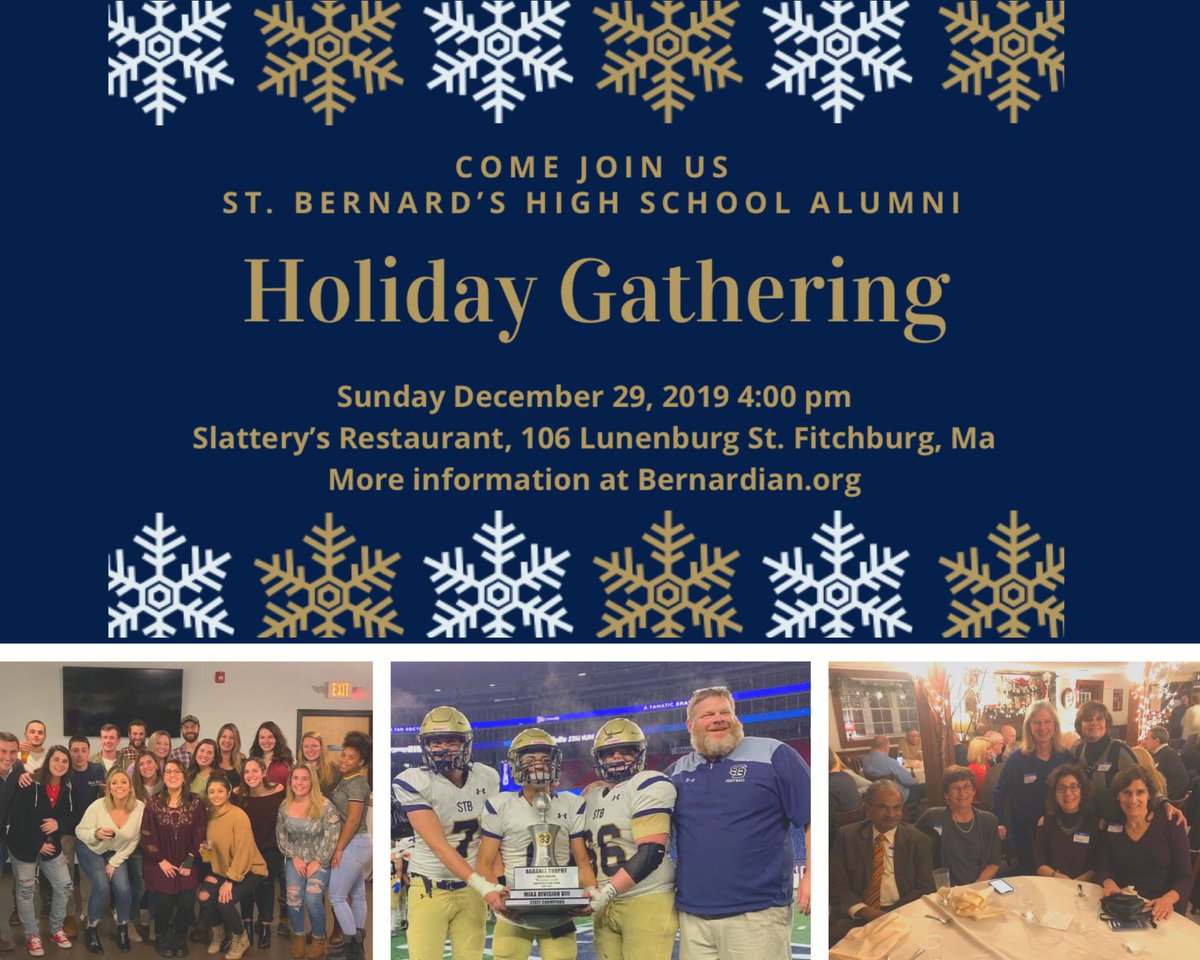 Home for the Holidays?  Want to hang out and network with other Bernardians?
Join friends and alumni for a casual gathering at Slattery’s after the Patriots game on Sunday 12/29!
Enjoy appetizers, catching up with Bernardians and get your picture taken with our Super Bowl trophy!