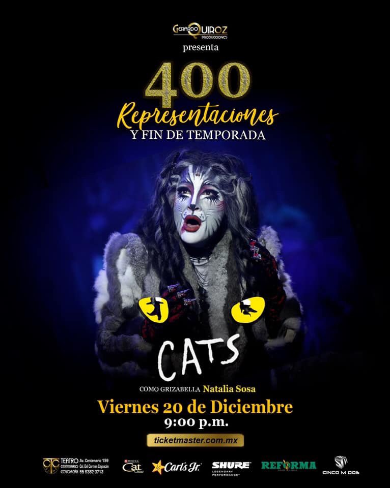 El clásico de Broadway regresa por última vez a #TeatroCentenarioCoyoacán 🎭 
Te esperamos este 20 de diciembre con dos funciones 6:00 pm y 9:00 pm y aparte 400 representaciones. 
No te pierdas @catselmusicalmx 🐱 
Boletos por <a href="/Ticketmaster_Me/">Ticketmaster México</a> o directamente en taquillas!