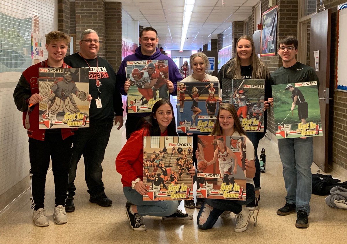 ParmaHighSports's tweet photo. Current and Former Redmen Student-athletes from the Ath-Leaders group spoke to Shiloh MS students about “Getting in the Game!” Each has a sign that they are pictured in that encourages students to Play Sports to hang up throughout the school. #RedmenPride https://t.co/ZxymmRJGSR