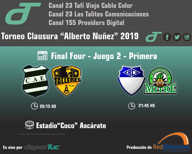 RMilenium's tweet photo. #TorneoClausura🏀 ¡ESTA NOCHE HAY TRANSMISIÓN!
Desde las 20 hs prendete a @deportuctv por la segunda fecha del Final Four del "Alberto Núnez". Desde las 20:15 @CaestudiantesOK será local ante @TalleresdeTafi. Luego a las 21:45 @clubbelgranotuc recibirá a @AsociacionMitre. https://t.co/i4tocWNkkP