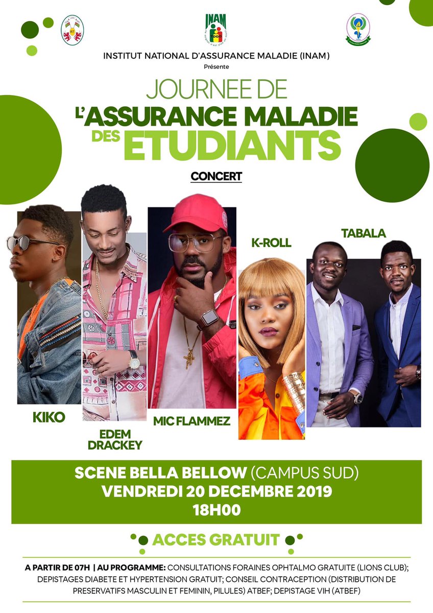Micflammez's tweet photo. Hello MicEmpire 

La Journée de l'assurance Maladie des Étudiants c'est demain vendredi 20 Décembre à l'Université de Lomé. 
À 18h On se retrouve tous au Campus Sud sur la Scène Bella Bellow pour un concert gratuit. 

#MicEmpire
#PaMoBar
#AkuestarEvents
#Inam https://t.co/jLdmj1X5bJ