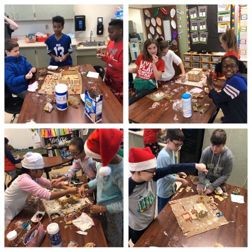 AudreyScarbriel's tweet photo. The annual gingerbread house competition happened today! We may not construct what our vision was, but do we have fun doing it! So many laughs, lots of teamwork, and memories for a lifetime! #room403 #endeavorrockets https://t.co/NsxXMGhct8