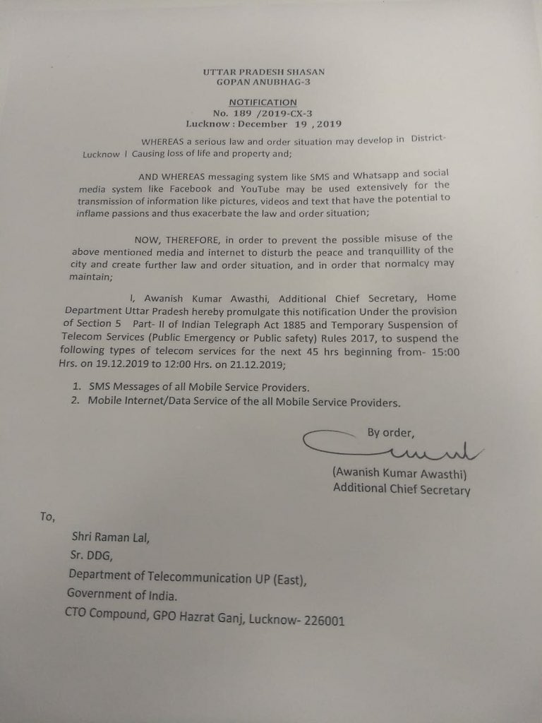 anivar's tweet photo. Telecom #Communicationshutdown &amp; #internetshutdown in Lucknow till 12.00 pm on December 21.
#KeepitOn https://t.co/bGVRNYQz9s https://t.co/owMLqSdPC5