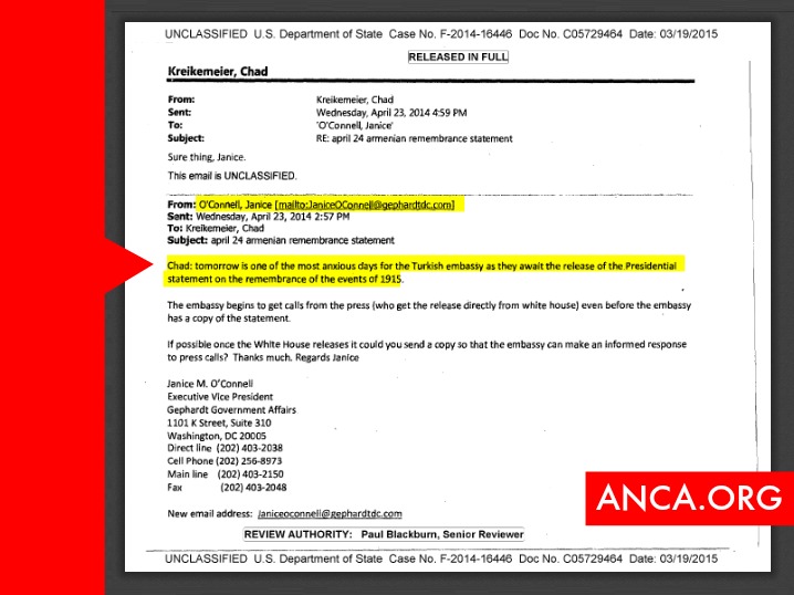 ANCA_DC's tweet photo. #Erdogan loudly insisted US recognition of the #Armenian #Genocide is "meaningless," and yet...
... in a @StateDept cable released under #FOIA, one of his DC lobbyists (Janice O'Connell, Gephardt Group) calls April 24th "one of the most anxious days for the Turkish Embassy." https://t.co/NUJCWYhsKq