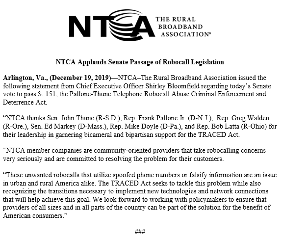 NTCAconnect's tweet photo. 👏#TRACEDAct. incredibly important legislation to combat #robocalls passes in the Senate. full statement 👇 https://t.co/snfb94tDET