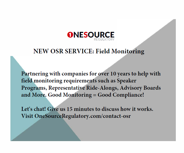 1SourceReg's tweet photo. NEW OSR SERVICE: Field Monitoring
Partnering with companies for over 10 years to help with field monitoring requirements such as Speaker Programs, Representative Ride-Alongs, Advisory Boards and More. Good Monitoring = Good Compliance!
Let's chat! Visit https://t.co/zL8BBGdBDp https://t.co/1yQHH3iGiV
