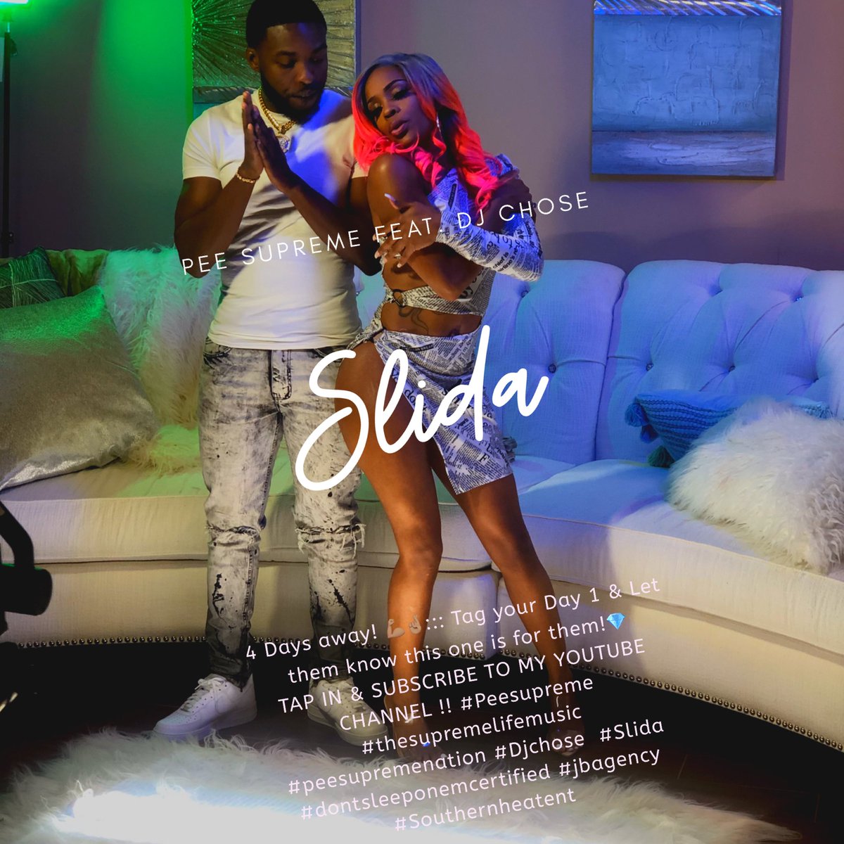 MZJODYBREZZY's tweet photo. “SLIDA” ft. DJ CHOSE is 4 Days away! 🤞🏽::: Tag your Day 1 & Let them know this one is for them!💎
SUBSCRIBE TO @PeeSupreme YOUTUBE CHANNEL#Peesupreme #thesupremelifemusic #peesupremenation #Djchose #relationshipgoals #Slida #dontsleeponemcertified #jbagency #Southernheatent https://t.co/x30rPDtARA