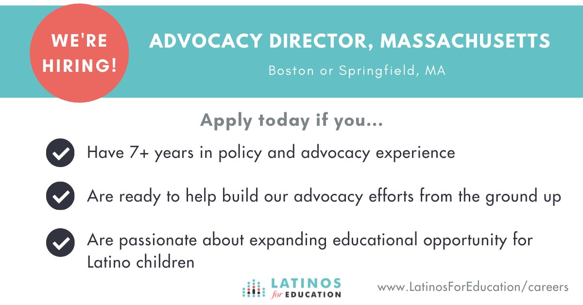 Latinos4Ed's tweet photo. We're hiring! We have a few open roles including this Advocacy Director position based in Massachusetts. This person will build a state-wide strategy and coalition to unite and lift the voices of Latino communities across the Commonwealth. Apply Today! https://t.co/rmlI3iq4A8 https://t.co/UmwkEKNuDA