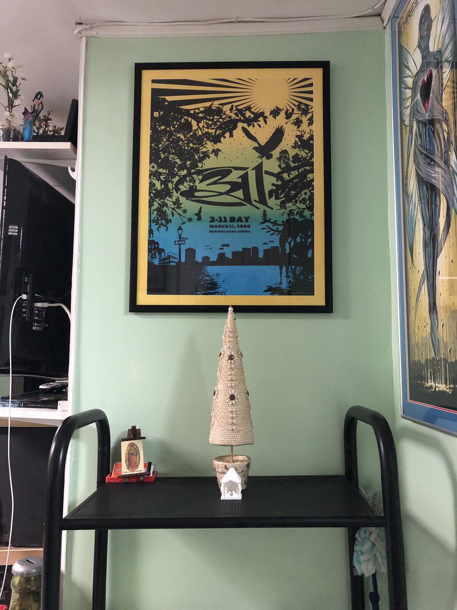 floresscorpio's tweet photo. Finally put up my  #mas2019 tree 🌲 took me a whole minute and nativity #xmas2019 @311 @NickHexum @pnut #Posters #311day #311day2008 #NOLA #jonesbeach #HappyHolidays https://t.co/QtqoYFLycn